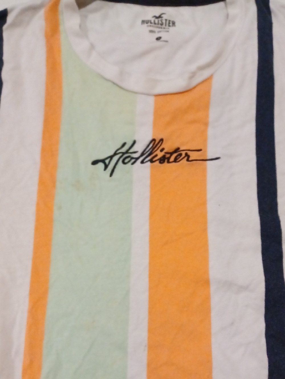 Hollister White Tee with Mint, Orange & Navy Vertical Stripes